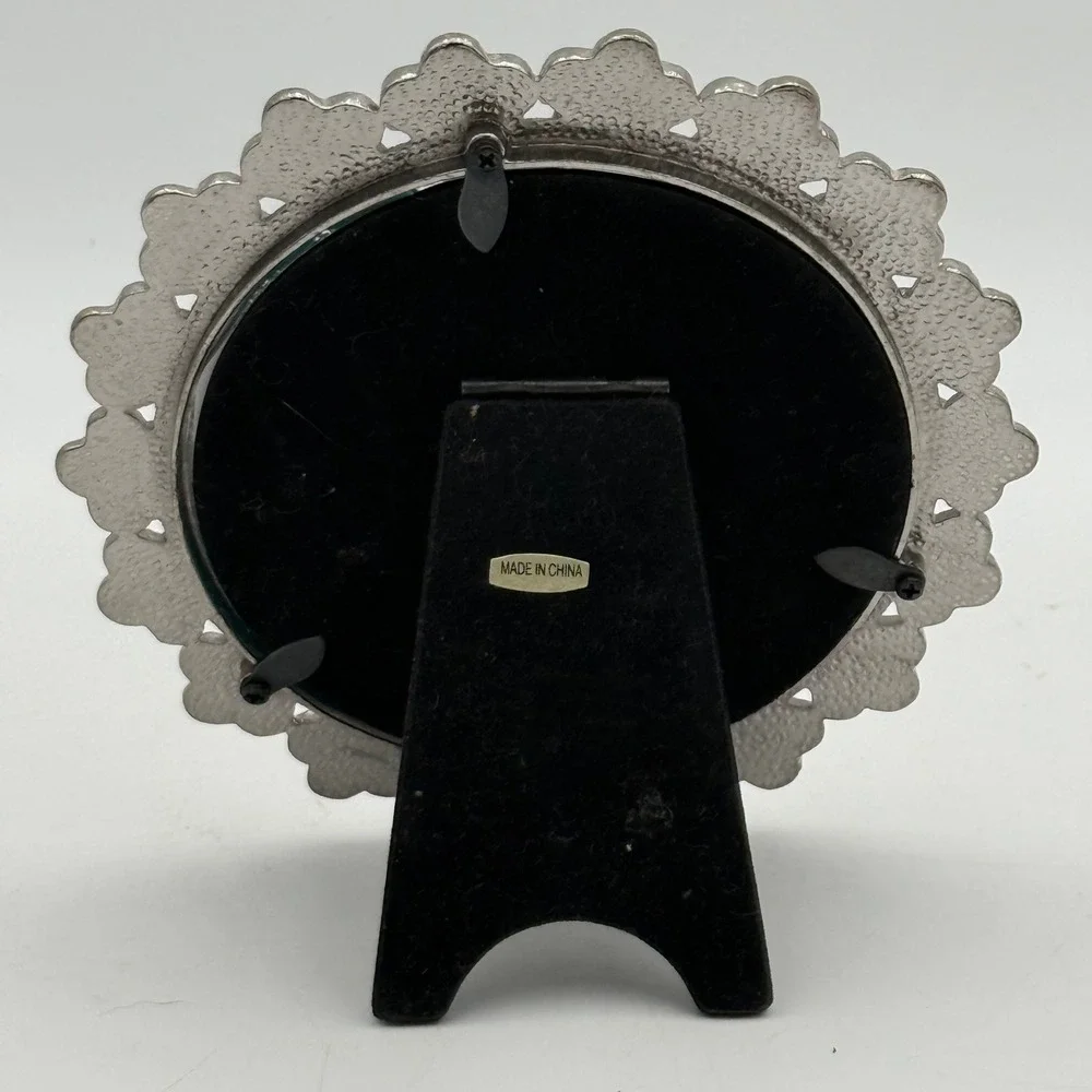 Vtg Style Round Floral Enamel Picture Frame Rhinestone Accents 3.5 Inch Photo